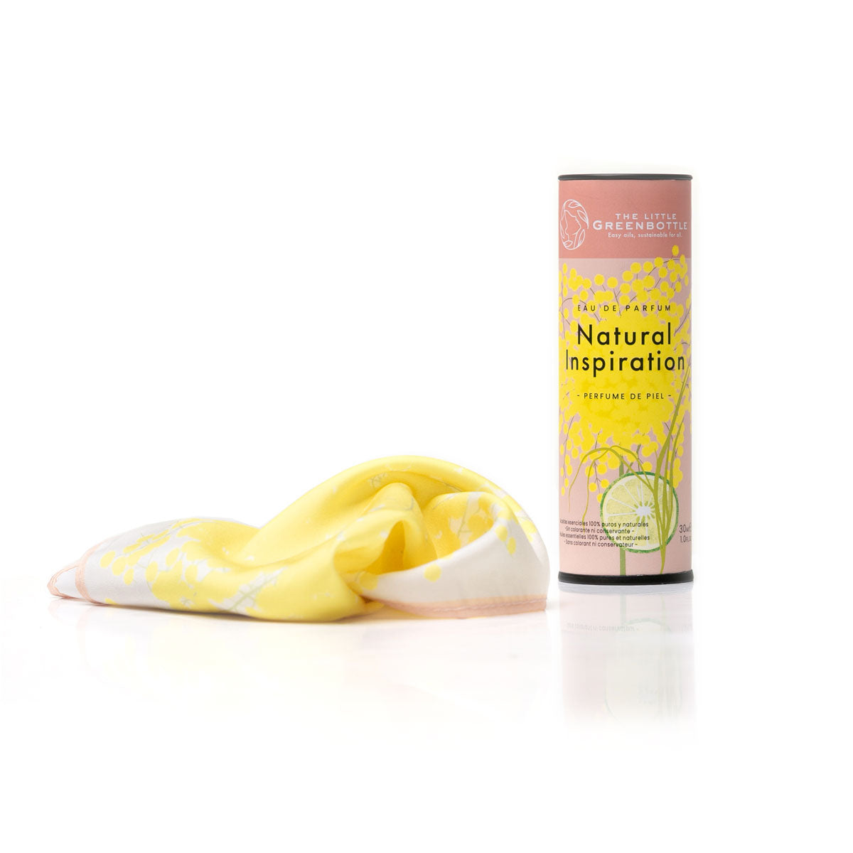 Cofre "SILK & PERFUME" mini: pañuelo hecho a mano MIMOSA con Eau de parfum NATURAL INSPIRATION 30 ML TLGB