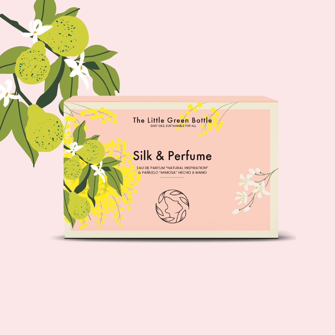 Cofre "SILK & PERFUME" mini: pañuelo hecho a mano MIMOSA con Eau de parfum NATURAL INSPIRATION 30 ML TLGB