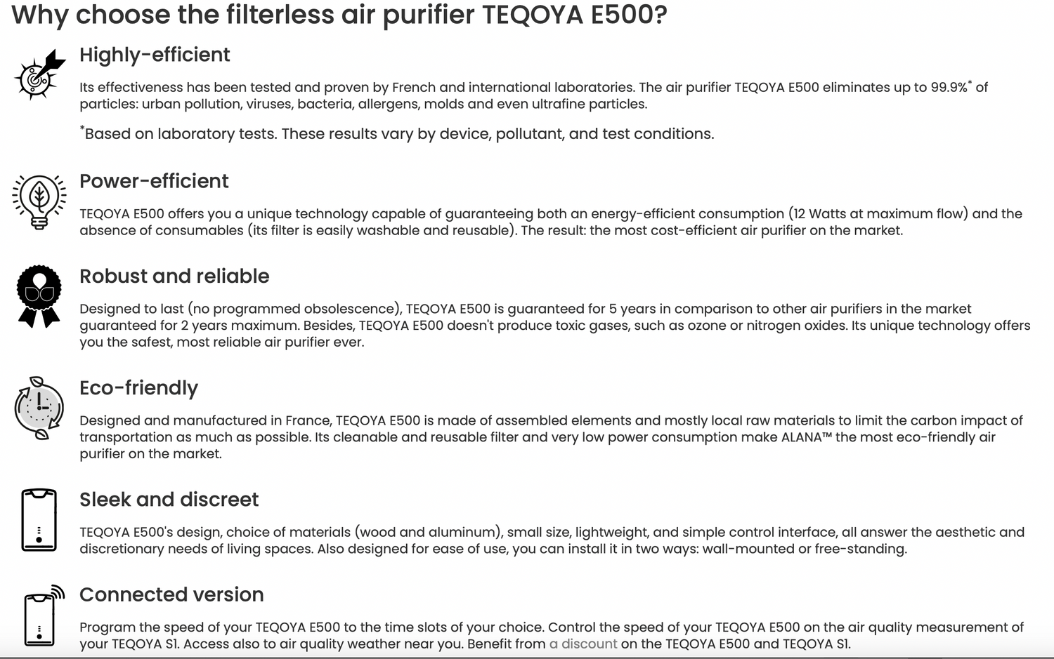 PURIFICADOR DE AIRE hasta 30m2 - TEQOYA E-500 CON FILTRO LAVABLE - Especial Alergias