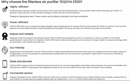 PURIFICADOR DE AIRE hasta 30m2 - TEQOYA E-500 CON FILTRO LAVABLE - Especial Alergias