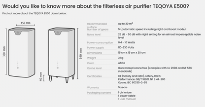 PURIFICADOR DE AIRE hasta 30m2 - TEQOYA E-500 CON FILTRO LAVABLE - Especial Alergias