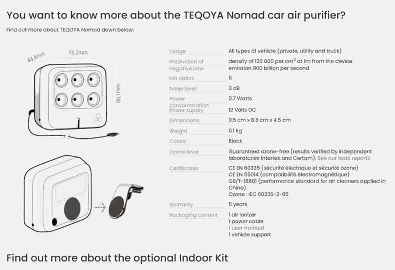 PURIFICADOR DE AIRE de 2m3 a 7m3 - TEQOYA Nomad - para el coche